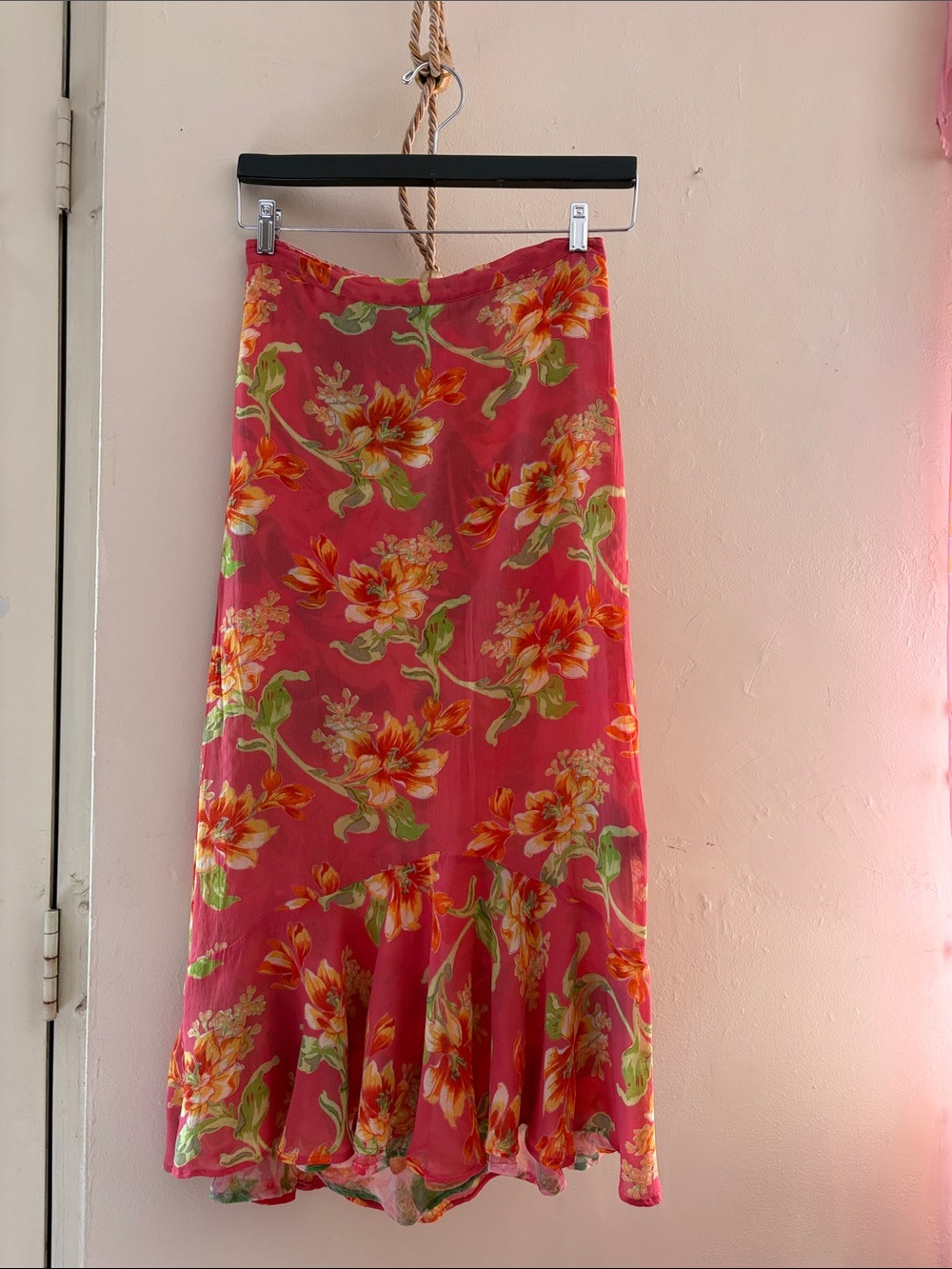 Floral Maxi Skirt in Coral Pink.  RAYON